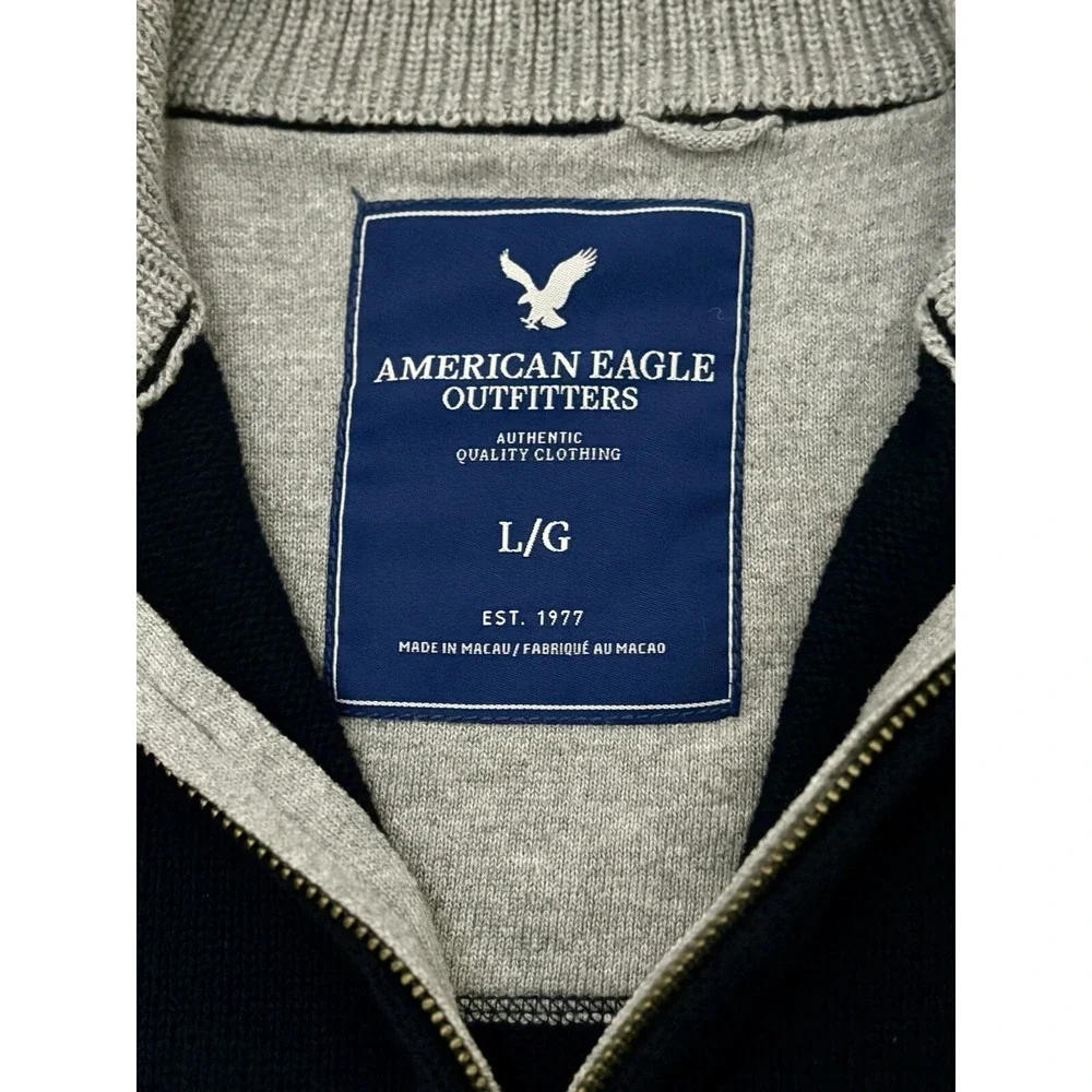 Y2K American Eagle Sweater Men L Blue 1/4 Zip Knit Pullover Wool Blend Preppy